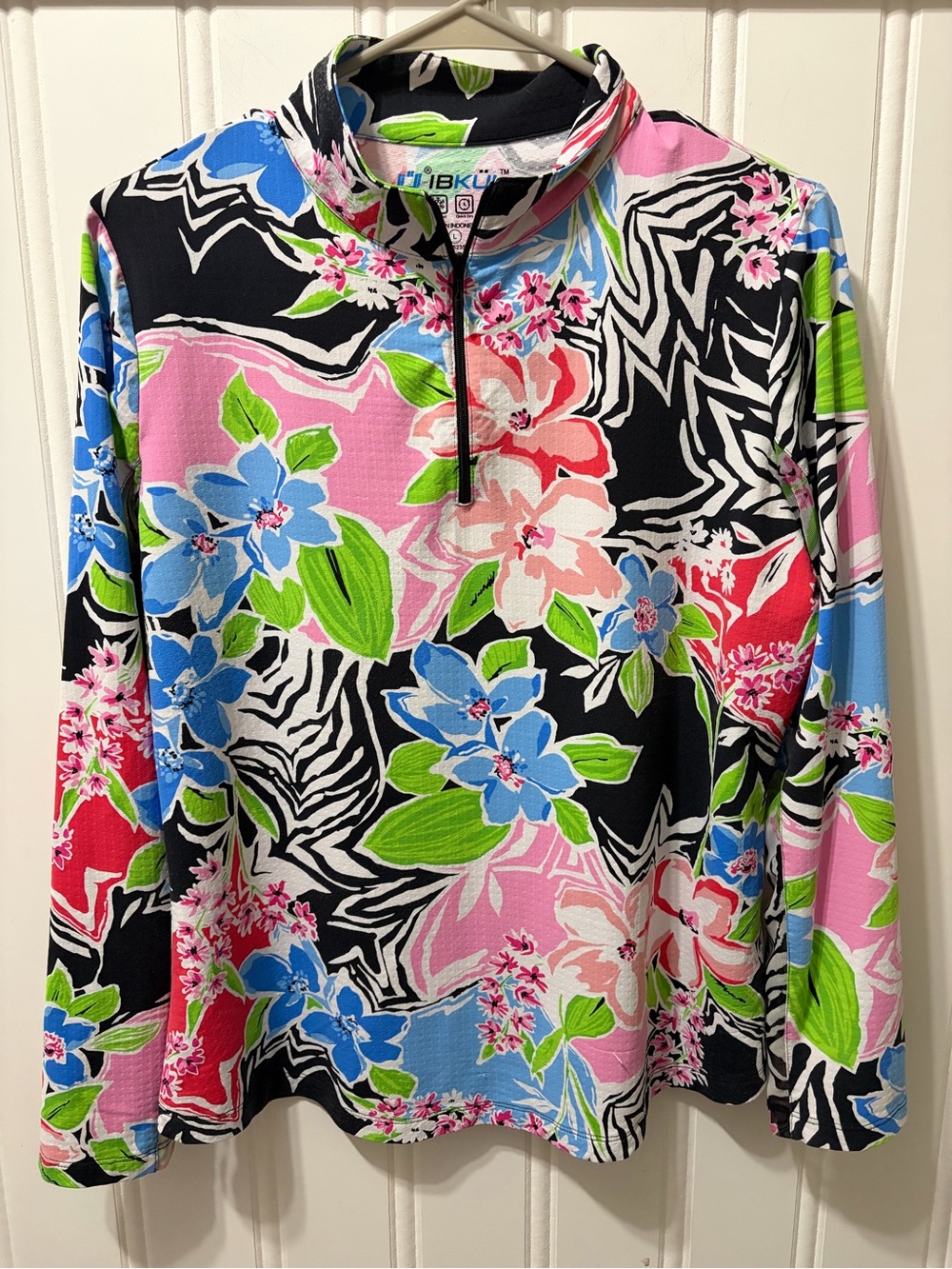 IBKUL Women’s Large Tropical Floral Print UPF 50+ Quarter Zip Golf Top